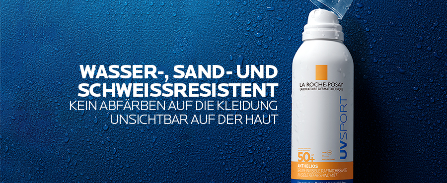 La Roche Posay Anthelios UV Sport Sonnenspray LSF 50+. Hoher UVA-/UVB-Schutz. Enthält Vitamine, Glycerin und Thermalwasser. Schichten zeigen Schutzmechanismus.